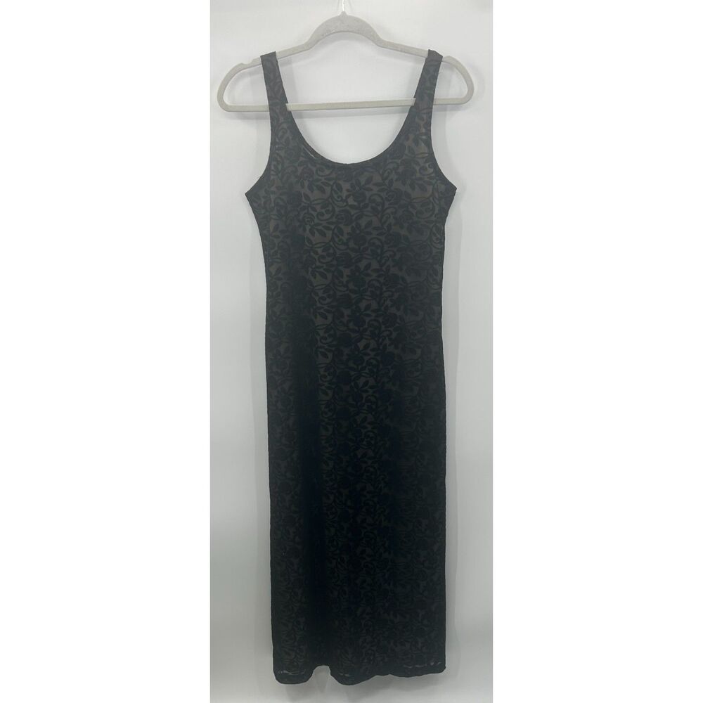 VTG Burnout Express Tricot Burnout Overlay Lace Dress 3/4 Midi Black Whimsigoth